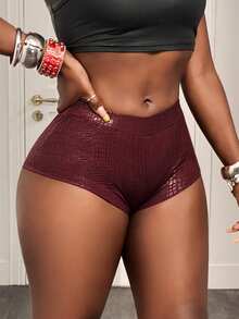 SHEIN BamGlam Quần short da PU ôm sát cạp thấp dành cho nữ - Quần short gợi cảm, thích hợp mặc hàng ngày vào mùa xuân và mùa hè, hoàn hảo cho các bữa tiệc đêm, các cô gái sành điệu trên đường phố và thể hiện phong cách. - Màu Đỏ Sâu - Xem 5