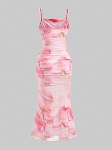 SHEIN Teen Girl Floral Print Mesh Ruched Cami Dress,Kids - Pink - View 9