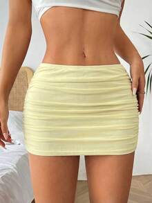 SHEIN EZwear Women's Ultra Low Waist Fitted Fashionable Summer Skirt Skirt Summer Womens Skirt Mini Skirt Ruched Skirt - Apricot - View 3