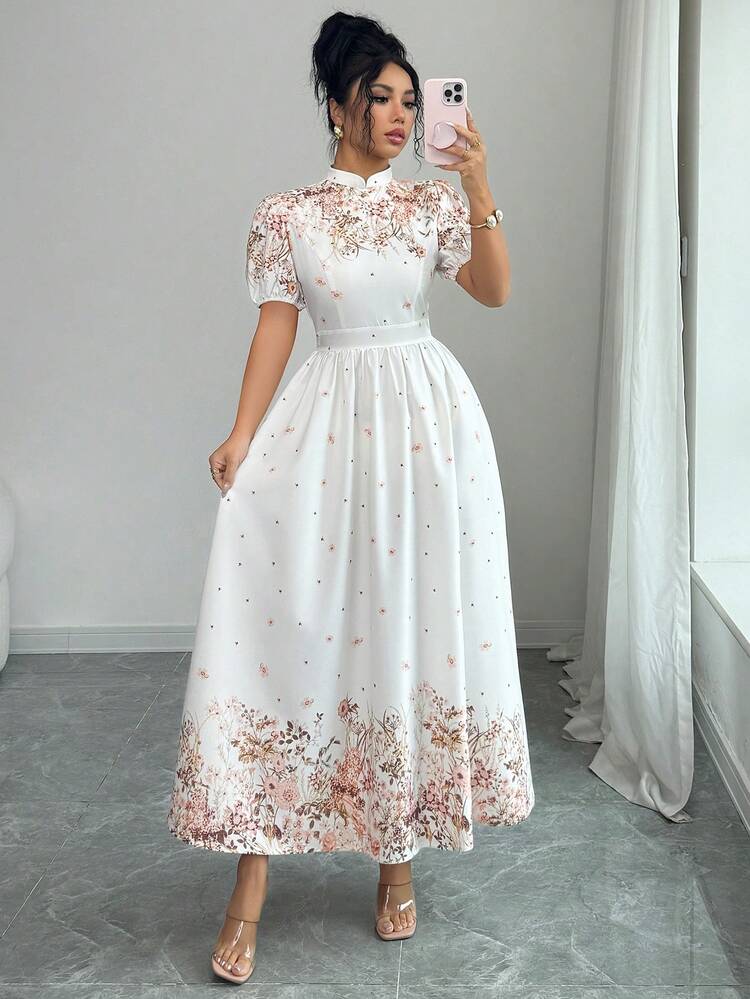 Elenzga Vestido Feminino Elegante de Manga Bufante com Cintura Marcada e Estampa Floral, Verão - Multicolorido - Visão 6