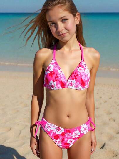 SHEIN Tween Girls' Summer Beach Vacation Cheerful Floral Print Peach Pink Camisole Bikini