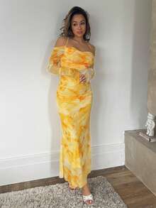 RebeccaVibe 女式优雅印花落肩带长袖连衣裙 - 黃色 - 查看 1