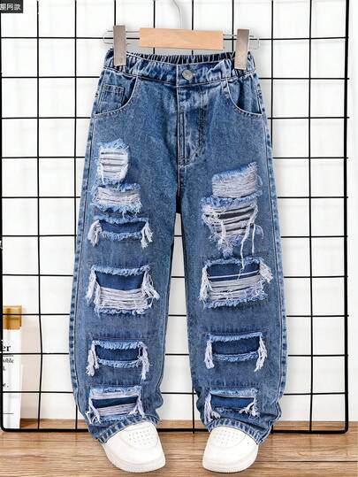 Jeans vaqueros rectos de pierna suelta y desgastados para adolescentes varones, estilo casual y fresco de ropa de calle vintage, lavado azul oscuro, diseño rasgado, cintura relajada, cómodo y activo, se puede combinar con sudaderas, camisetas, zapatillas/botas, esencial para primavera/verano