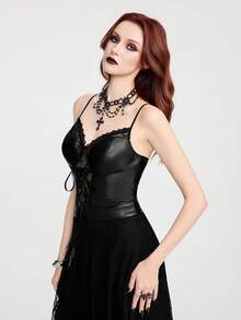 Breakform Women's Gothic Sexy Lace Patchwork PU Leather Front Lace-Up Decor Slim Fit Camisole - Black - View 8