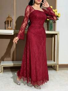 Feyla 女士花卉蕾丝方领长袖荷叶边优雅连衣裙 - 酒紅色 - 查看 4