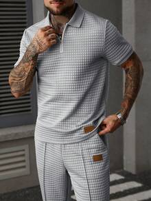 Manfinity Homme 男士休闲纯色短袖Polo衫和长裤套装，夏季休闲两件套，男士套装，男士两件套休闲西装，男士华夫格针织套装，男士灰色套装，复古风格，适合日常休闲、周末旅行、户外活动、探险旅行、轻松的工作环境或半正式场合，可作为男友/丈夫礼物、周年纪念/生日礼物、派对礼物、暑假礼物、新年礼物、婚礼礼物、情人节礼物。 - 淺灰色 - 查看 6