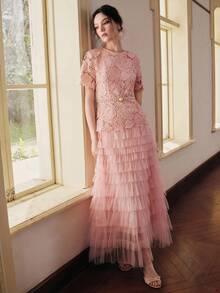 Anewsta New Lightweight Luxury Lace Dress Women, Princess Cake Skirt, Elegant Elegant Cinched Waist Mesh Patchwork Dress, Spring/Summer - Pink - View 3