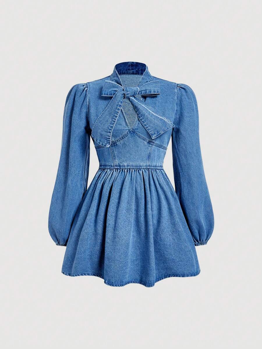 Sweetra 女士时尚休闲牛仔连衣裙 - 藍色 - 查看 1