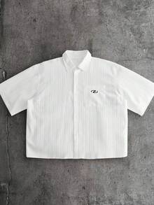 AXEPEAK Camisa casual de manga corta con estampado de letras, de corte holgado y de solapa única para hombres - Blanco - Ver 4