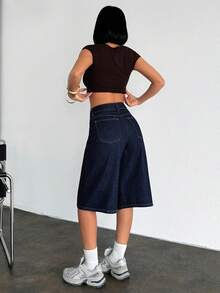 EURMUSE Raw Washed, High Rise, Baggy V Shape Denim Short Jeans Y2k - Dark Wash - View 2