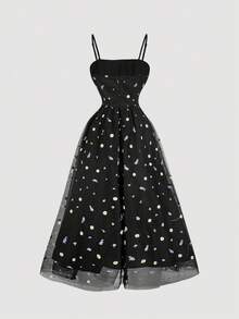 SHEIN MOD 女士夏季休闲度假花卉刺绣网纱收腰吊带连衣裙 - 黑色 - 查看 7