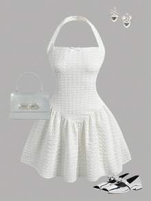 Girlism Teen Girls Knitted Textured Jacquard Spaghetti Strap Snug Fit Fit Flared Hem Casual Sweet Party Clubwear Mini Dress - Apricot - View 6