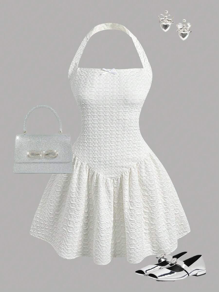 Girlism 少女针织提花吊带修身喇叭下摆休闲甜美派对夜店迷你连衣裙 - 杏色 - 查看 1