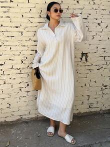 Dazy Plus 休闲时尚翻领半开襟条纹宽松衬衫裙，长款休闲加大码女装连衣裙，春夏长款连衣裙 - 杏色 - 查看 7