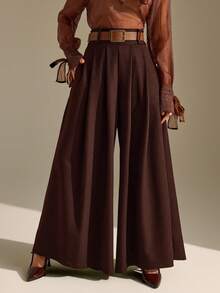 CLARA VERO Women's High Waist Contrast Color Belt Double Pleated Slant Pocket Wide Leg Pants - Brown - View 4