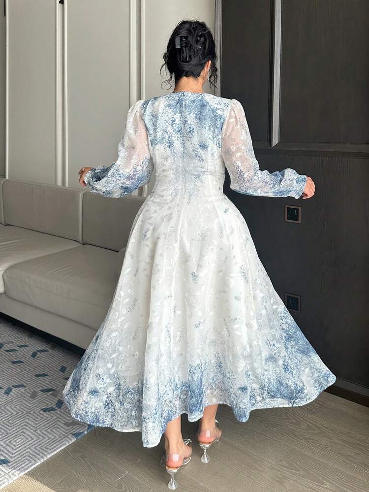 Dazy Plus Plus Size Elegant Lantern Sleeve Lace Dress With Unique Printed Floral Pattern, Waist Cinched And Flared Dress, Suitable For Spring/Summer Occasions Sundress