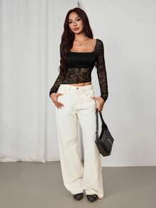 SHEIN PETITE Women's Floral Lace Asymmetric Hem Fitted Long Sleeve T-Shirt See Through Top Lace Crop Top Lace Long Sleeve Top - Black - View 5