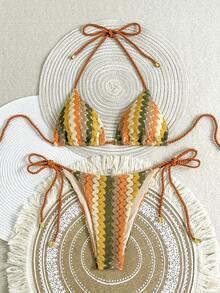 Swim Vcay Women's Summer Beach Striped Halter Tie Sexy Bikini Swimsuit Set - Multicolor - View 1