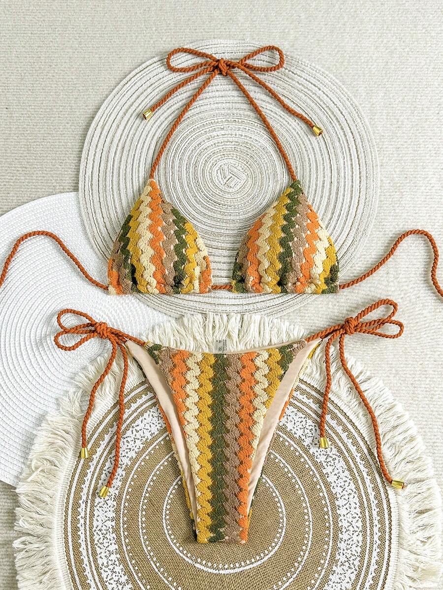 Swim Vcay Women's Summer Beach Striped Halter Tie Sexy Bikini Swimsuit Set - Multicolor - View 1