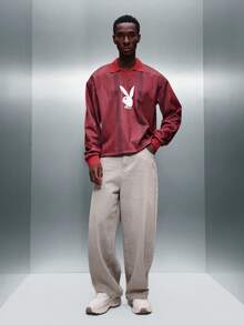 PLAYBOY X SUMWON 兔子标志红色条纹长袖翻领Polo衫，印花图案混搭 - 紅色 - 查看 3