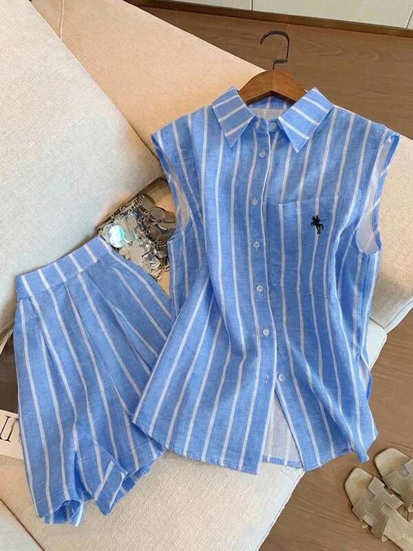 Airaco Conjunto casual de 2 piezas de camisa de bolsillo de un solo pecho con rayas y bordado de caballero, y pantalones cortos para mujer