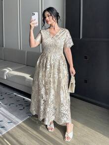 Dazy Plus Plus Size Women's Elegant Floral Lace V-Neck Long Dress, Suitable For Party And Spring/Summer - Beige - View 5