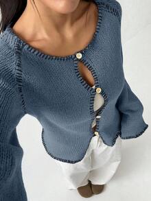 SHEIN Unity Women's Contrast Trim Scoop Neck Flare Sleeve Casual Button Front Cardigan - Teal Blue - View 4