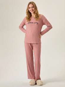 Loomlin 100%Cotton Letter Graphic Drop Shoulder Tee & Pants Lounge Set - Mauve Purple - View 4