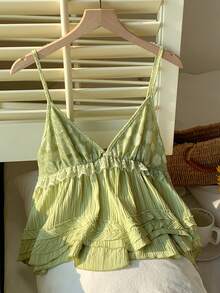 Comfortcana 女士镂空撞色蕾丝荷叶边吊带背心 2026 新款春夏时尚女装，适合海滩度假休闲穿着，绿色上衣 - 綠色 - 查看 7