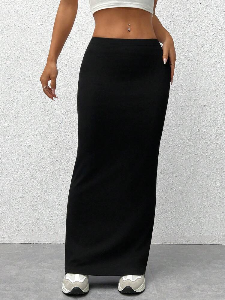 SHEIN Tall CURVE Plus Size Women Casual Solid Color Long Skirt - Black - View 5