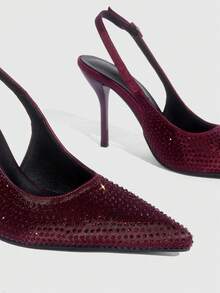 CUCCOO SZL Tacones altos elegantes y lujosos con diseño de hebilla con rhinestones de punta fina para mujer, ideales para Navidad - Rojo - Ver 9
