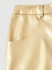 SHEIN MOD Plus Size Solid Color Patchwork Side Pocket Straight Leg Faux Leather Pants - Gold - View 4