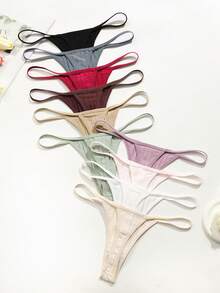10pcs/Pack Women's Solid Color Ribbed Sexy Everyday Thong Panties - Multicolor - View 2