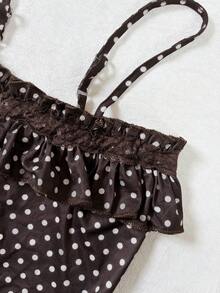 Noixe 女士荷叶边腰部撞色波点印花吊带背心 - 酒紅色 - 查看 5