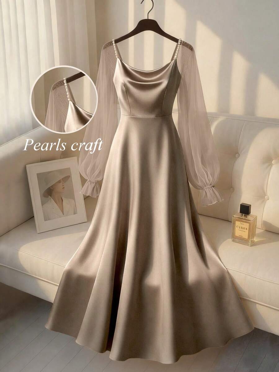 Franclia Đầm dài tay dáng chữ A thanh lịch bằng satin đính ngọc trai dành cho nữ, thích hợp đi làm, dự tiệc và các buổi gặp mặt. - Màu Khaki - Xem 1