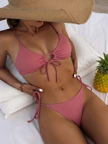 Swim Basics Bộ bikini mùa hè dành cho nữ, màu trơn, buộc dây bên hông, gợi cảm, không gọng. - Hồng - Xem 3
