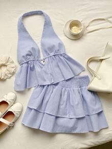 SHEIN EZwear Women's Striped Ruffle Hem Backless Halter Top And Mini Skirt Sexy Fashion 2-Piece Set - Baby Blue - View 7