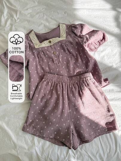 DAZY Sweet Contrast Ruffle Patchwork Floral All-Over Print Textured Chiffon Puff Sleeve Women Pajama Set