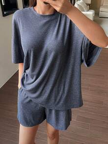 DAZY Minimalist Knitted Letter Decor Loose Women Pajama Set - Grey - View 5