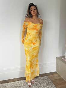RebeccaVibe 女式优雅印花落肩带长袖连衣裙 - 黃色 - 查看 6