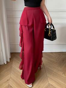 Celisse Quần nữ thời trang mới, cạp cao, ôm dáng, chất liệu chiffon, phối nhiều mảnh, dáng suông. - Màu Đỏ Sâu - Xem 4