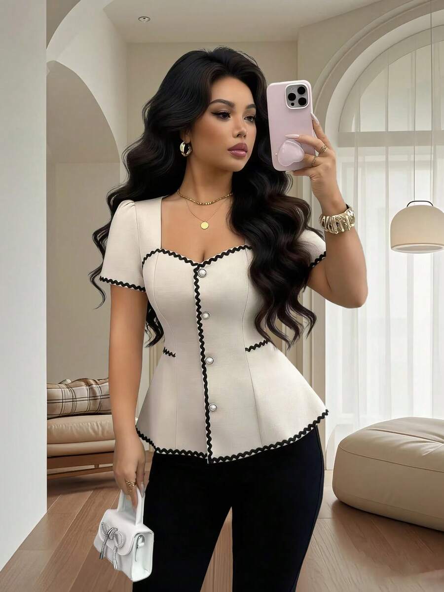 Rafferiza Elegant Waist Cinched Collar, Placket, Hem Contrast Wave Trim Women's Spring/Summer Apricot Blouse