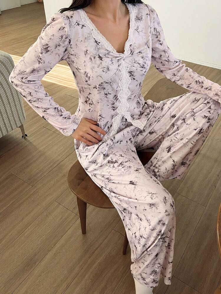 Tie-Dye Pattern Allover Print Lace Trim Patchwork Women Pajama Set