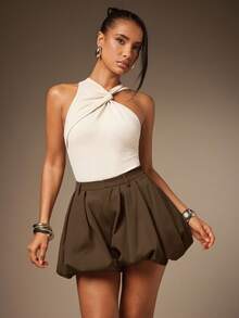 Hauture 性感夏季休闲纯色弹力泡泡短裤 - 棕色 - 查看 4