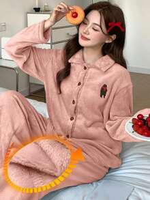 DAZY 2 Stücke/Set Plüschbär Muster bestickte Dekoration Damen Pyjama Set, Winter - Pink - Übersicht 1