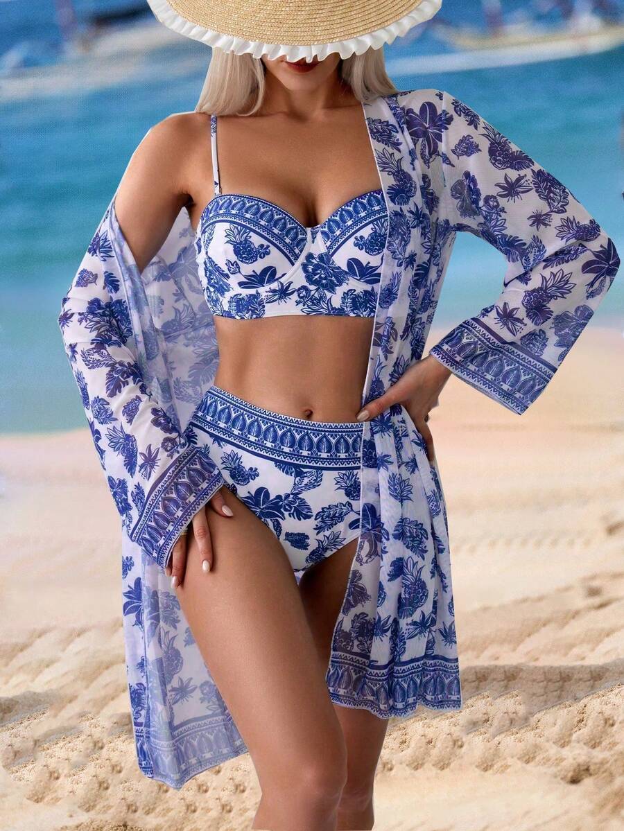 Swim Vcay 三件套印花吊带泳衣套装，带聚拢钢圈。 - 藍色 - 查看 1