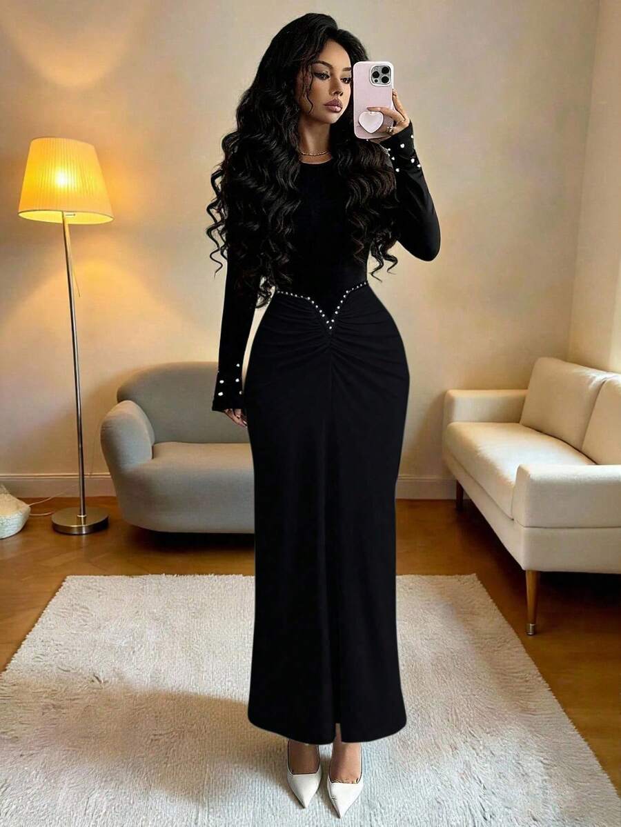 SHEIN Elenzya 女士法式拼接长袖串珠收腰优雅黑色连衣裙，秋冬款 - 黑色 - 查看 1