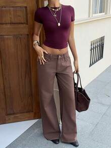 Siren Gaze Women's Low-Rise Wide-Leg Jeans With Studded Five-Pointed Star Pattern, Y2K Summer Casual, Music Festival. - Brown - View 5