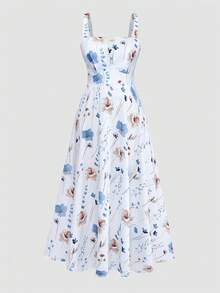 Franclia 大码女式无袖印花长连衣裙，后背系带蝴蝶结，蓝白花朵图案，A字裙摆，收腰设计 - 彩色 - 查看 4