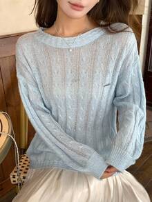 DAZY 女士宽松镂空轻薄金属质感Logo长袖休闲度假针织衫，春秋季 - 藍色 - 查看 7